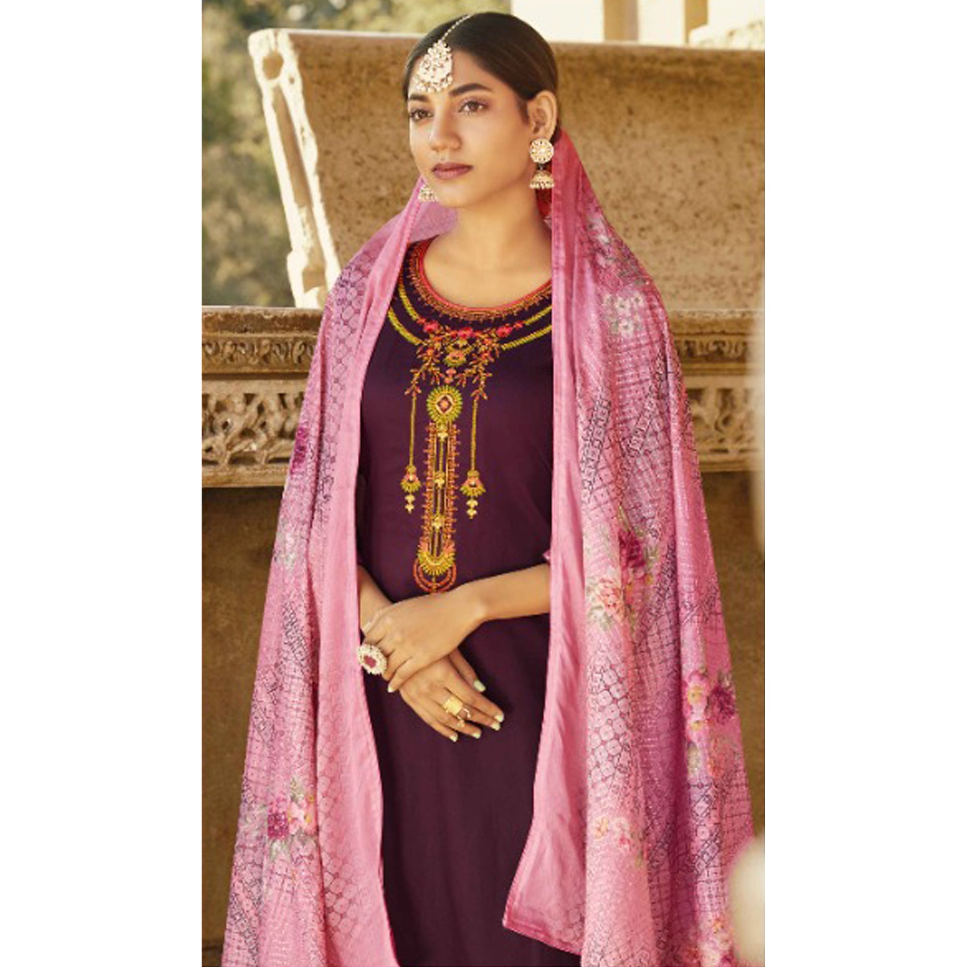 Dark Purple Cotton Silk Kameez With Pant For Indian Suit Festivals & Pakistani Weddings Dress - Thread Embroidery Work, Sequence Embroidery Work, Print Work