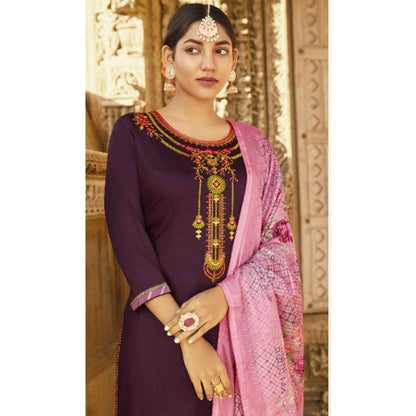 Dark Purple Cotton Silk Kameez With Pant For Indian Suit Festivals & Pakistani Weddings Dress - Thread Embroidery Work, Sequence Embroidery Work, Print Work