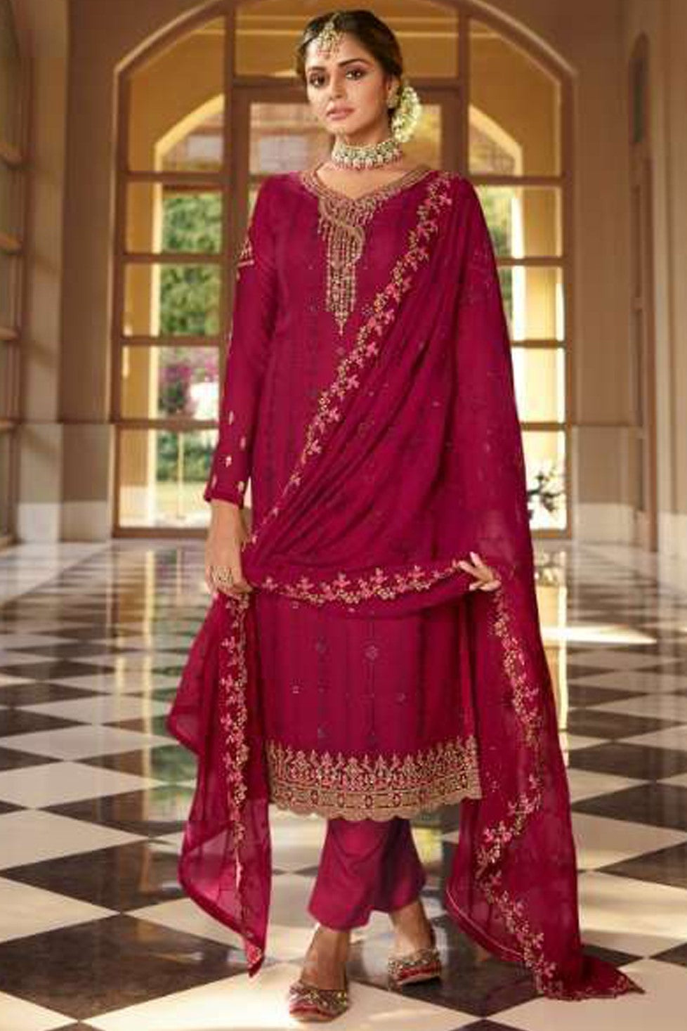 Maroon Georgette Plus Size Upto 6XL Size Kameez with Pant For Indian Suit Festivals & Pakistani Weddings - Embroidery Work