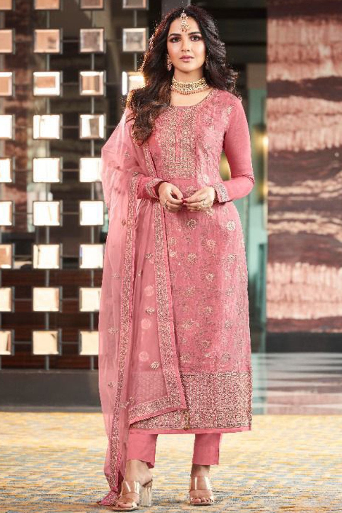 Pink Jacquard Silk Kameez With Pant For Indian Suit Festivals & Pakistani Weddings Dress - Embroidery Work