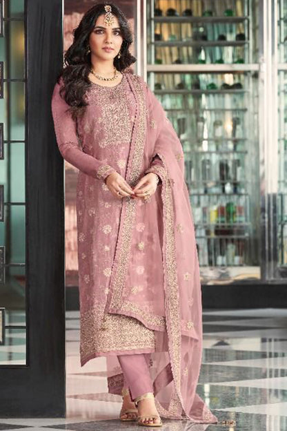 Dusty Pink Jacquard Silk Kameez With Pant For Indian Suit Festivals & Pakistani Weddings Dress - Embroidery Work