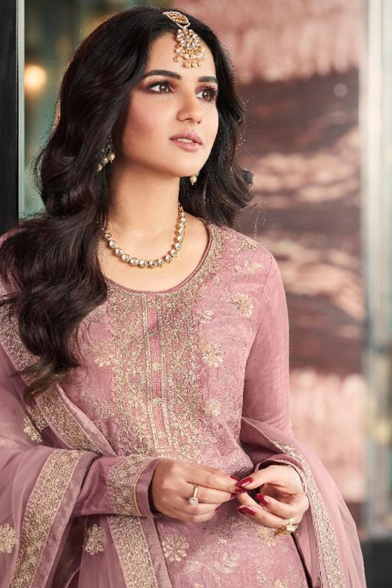 Dusty Pink Jacquard Silk Kameez With Pant For Indian Suit Festivals & Pakistani Weddings Dress - Embroidery Work