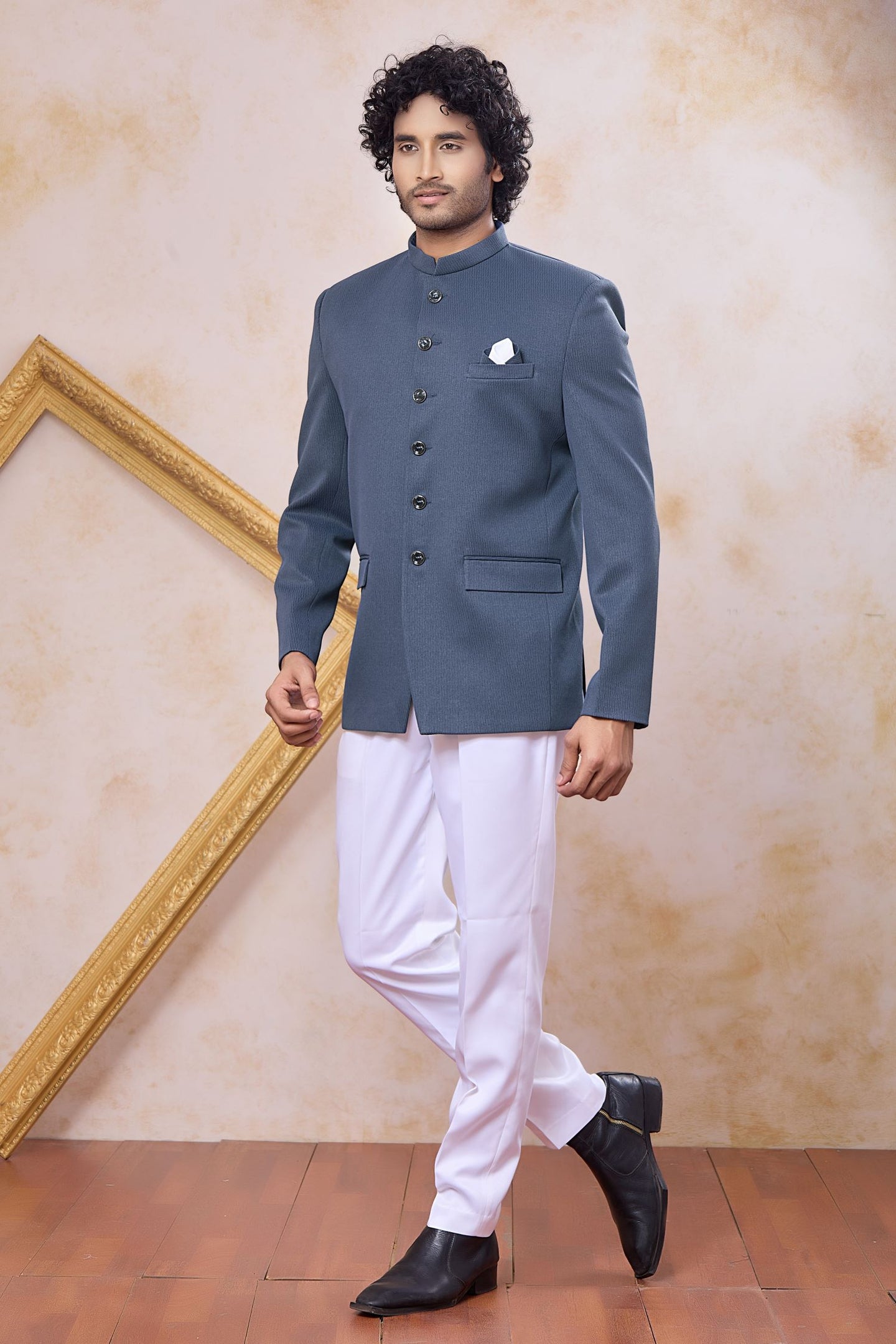Plain Steel Grey Art Silk Jodh Puri Suit & Pant