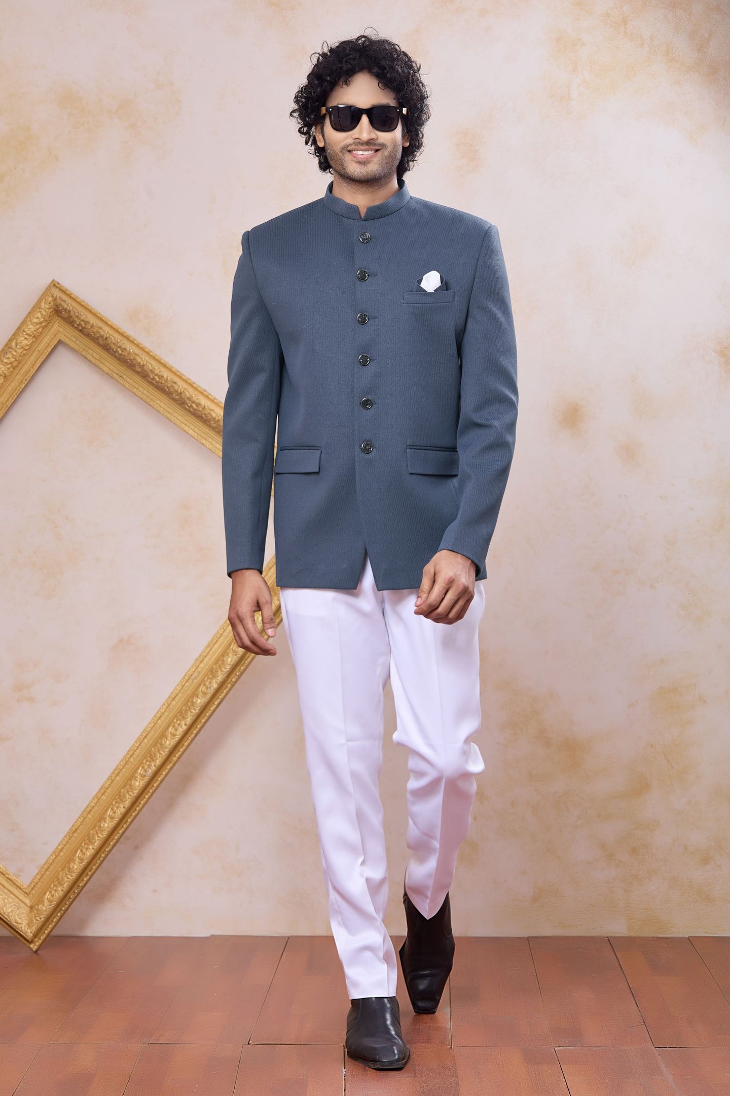 Plain Steel Grey Art Silk Jodh Puri Suit & Pant