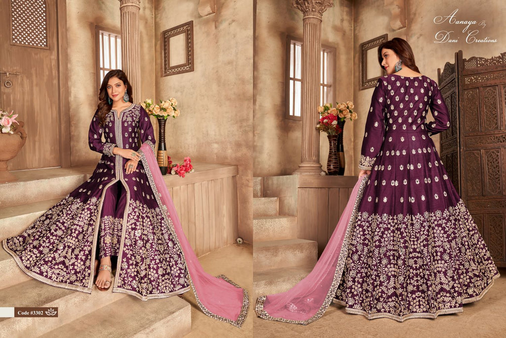 Plum Art Silk Indian Anarkali Dress with Mirror Work