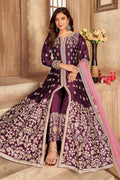Plum Art Silk Indian Anarkali Dress with Mirror Work