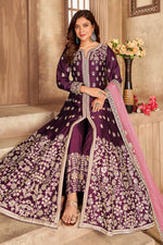 Plum Art Silk Indian Anarkali Dress with Mirror Work