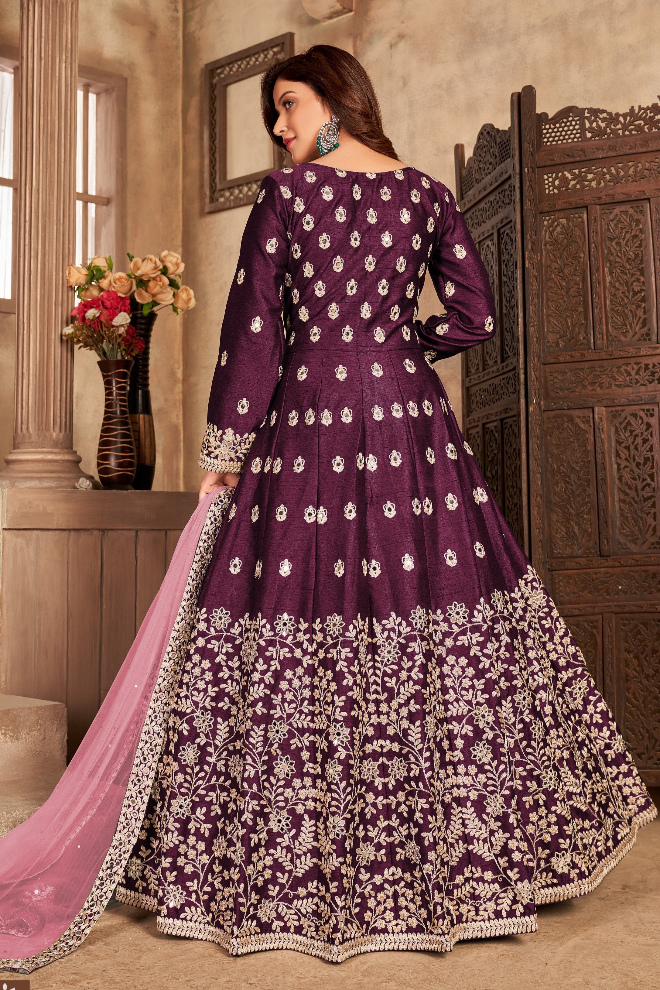 Plum Art Silk Indian Anarkali Dress with Mirror Work