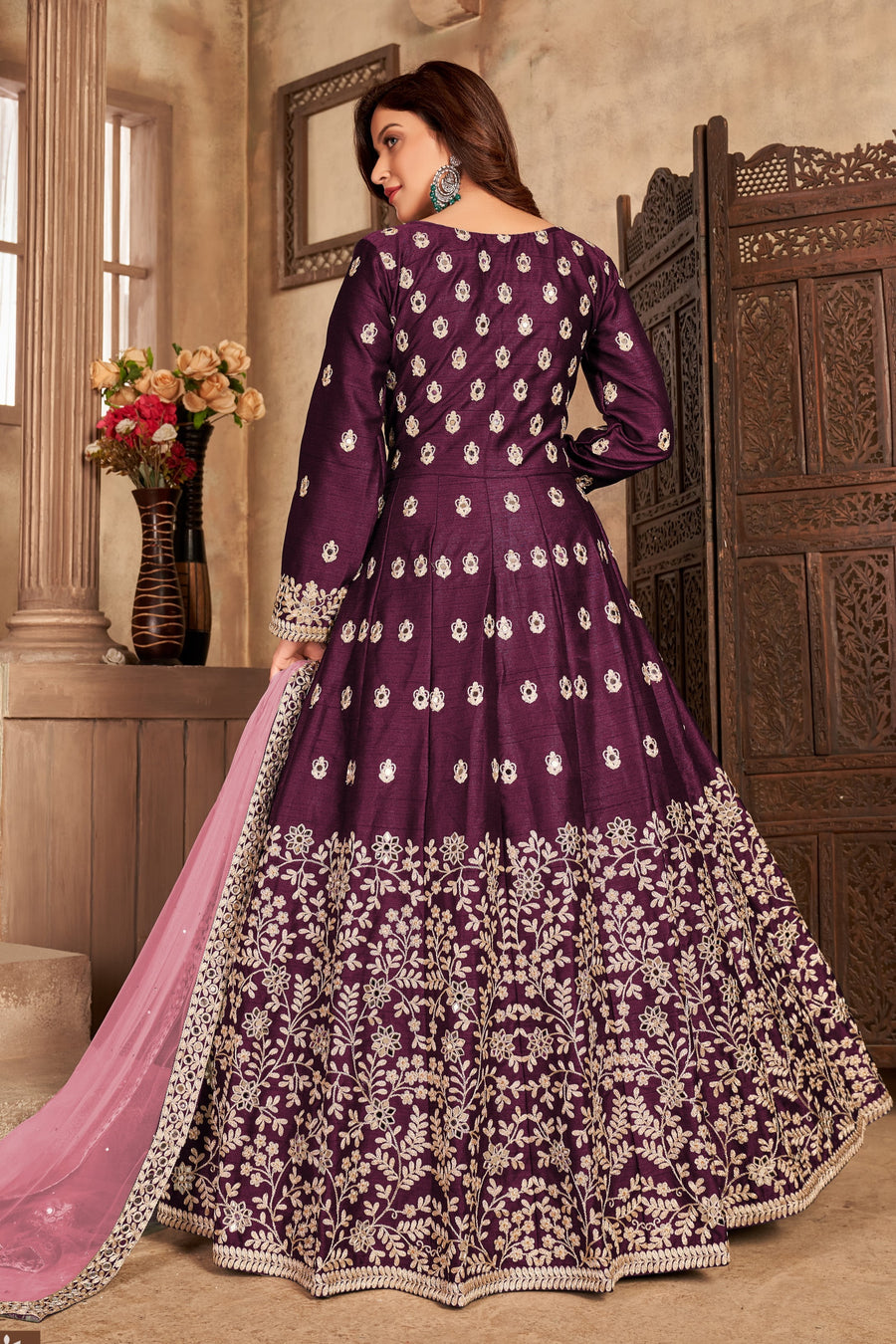 Plum Art Silk Indian Anarkali Dress with Mirror Work