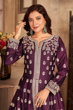 Plum Art Silk Indian Anarkali Dress with Mirror Work