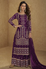 Plum Chinon Silk Long Kameez with Plazo in Thread & Sequins Work