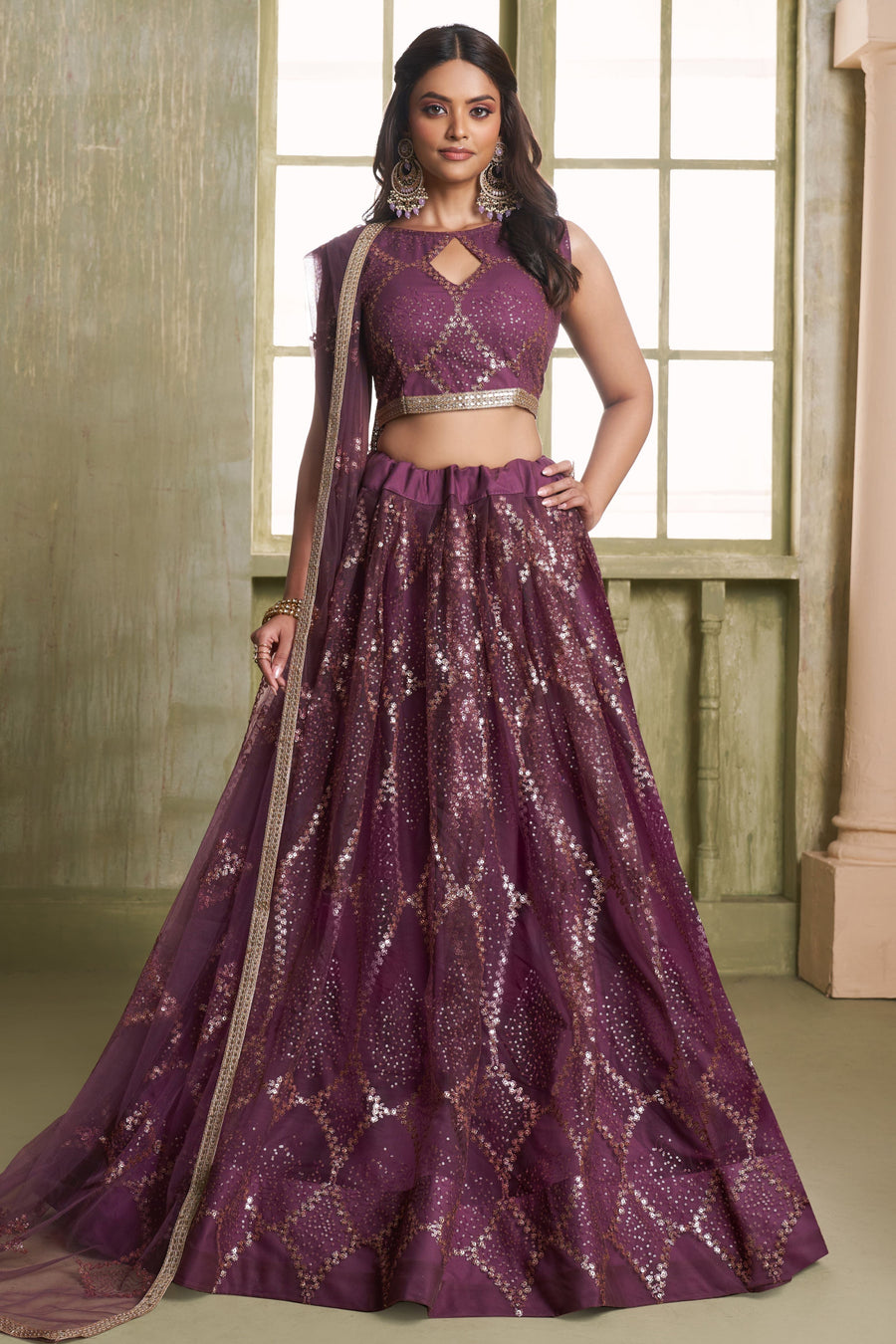 Plum Color Net Lehenga Choli For Indian & Pakistani Wedding Festival - Thread Embroidery Work, Sequence Embroidery Work