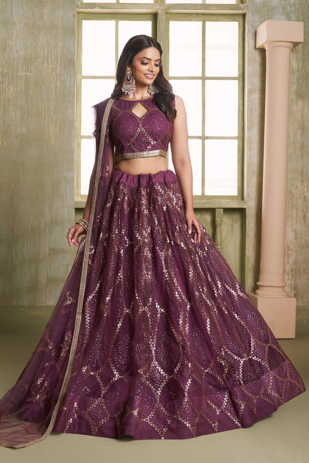 Plum Color Net Lehenga Choli For Indian & Pakistani Wedding Festival - Thread Embroidery Work, Sequence Embroidery Work