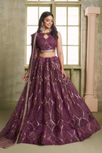 Plum Color Net Lehenga Choli For Indian & Pakistani Wedding Festival - Thread Embroidery Work, Sequence Embroidery Work
