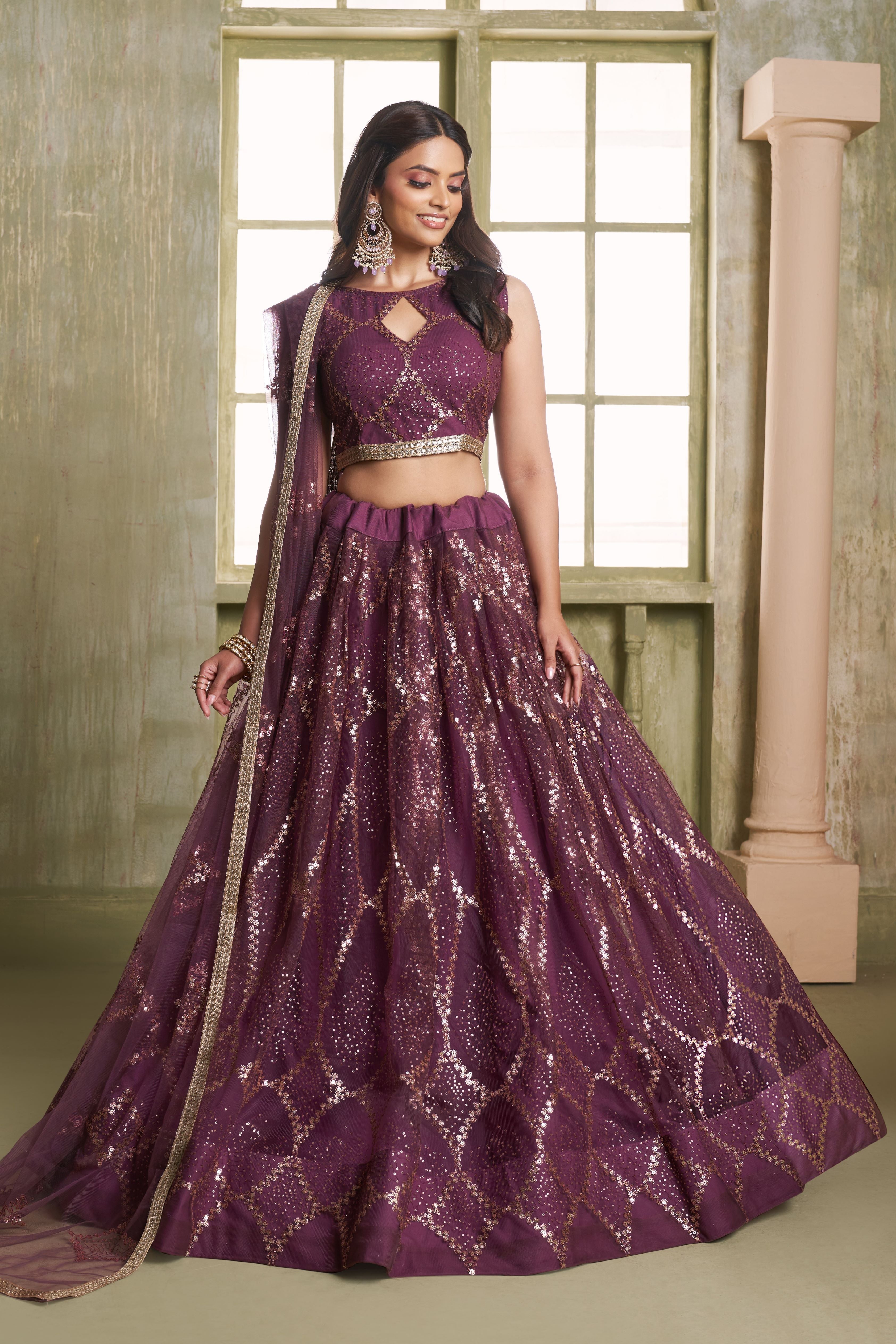 Plum Color Net Lehenga Choli For Indian & Pakistani Wedding Festival - Thread Embroidery Work, Sequence Embroidery Work