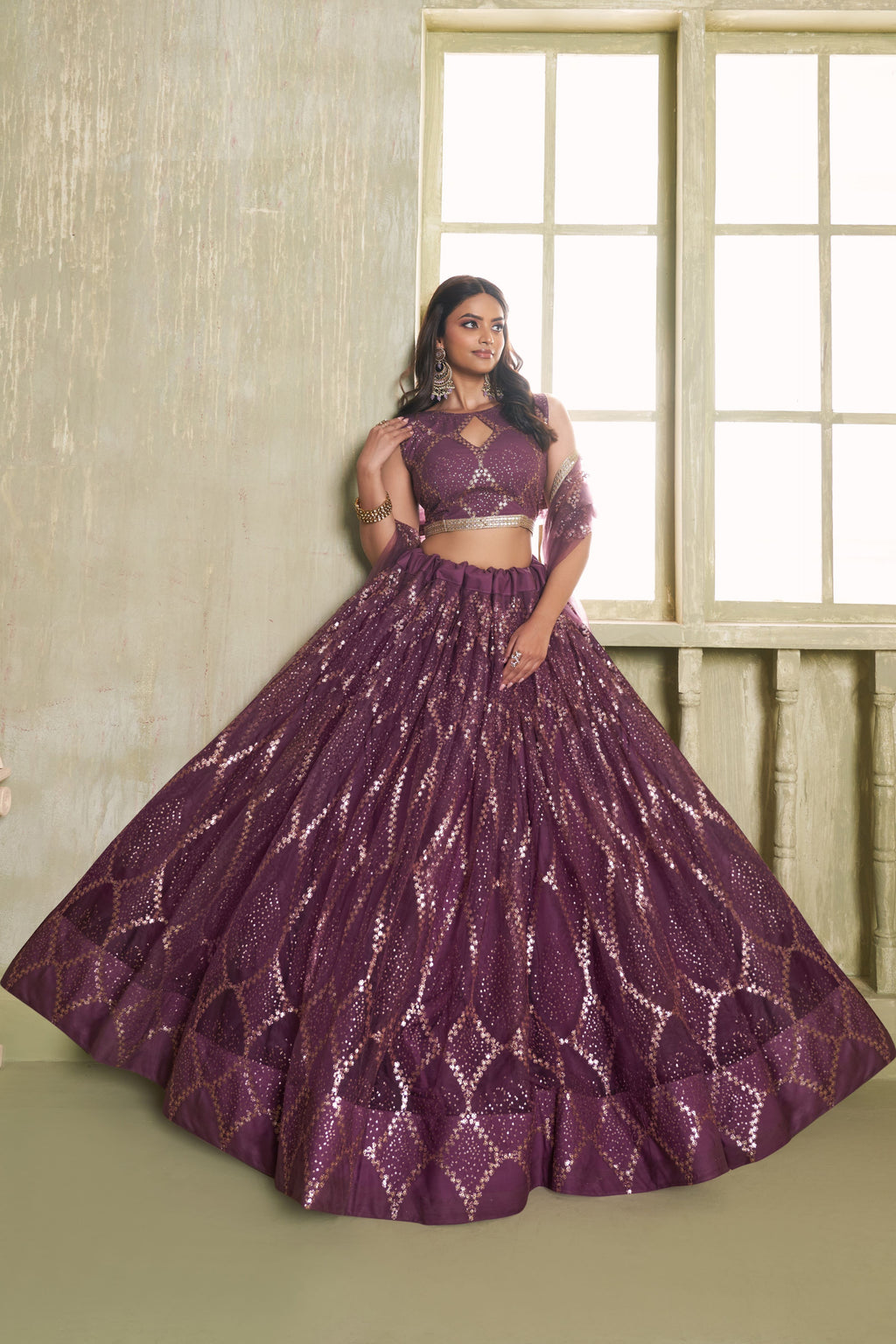 Plum Color Net Lehenga Choli For Indian & Pakistani Wedding Festival - Thread Embroidery Work, Sequence Embroidery Work