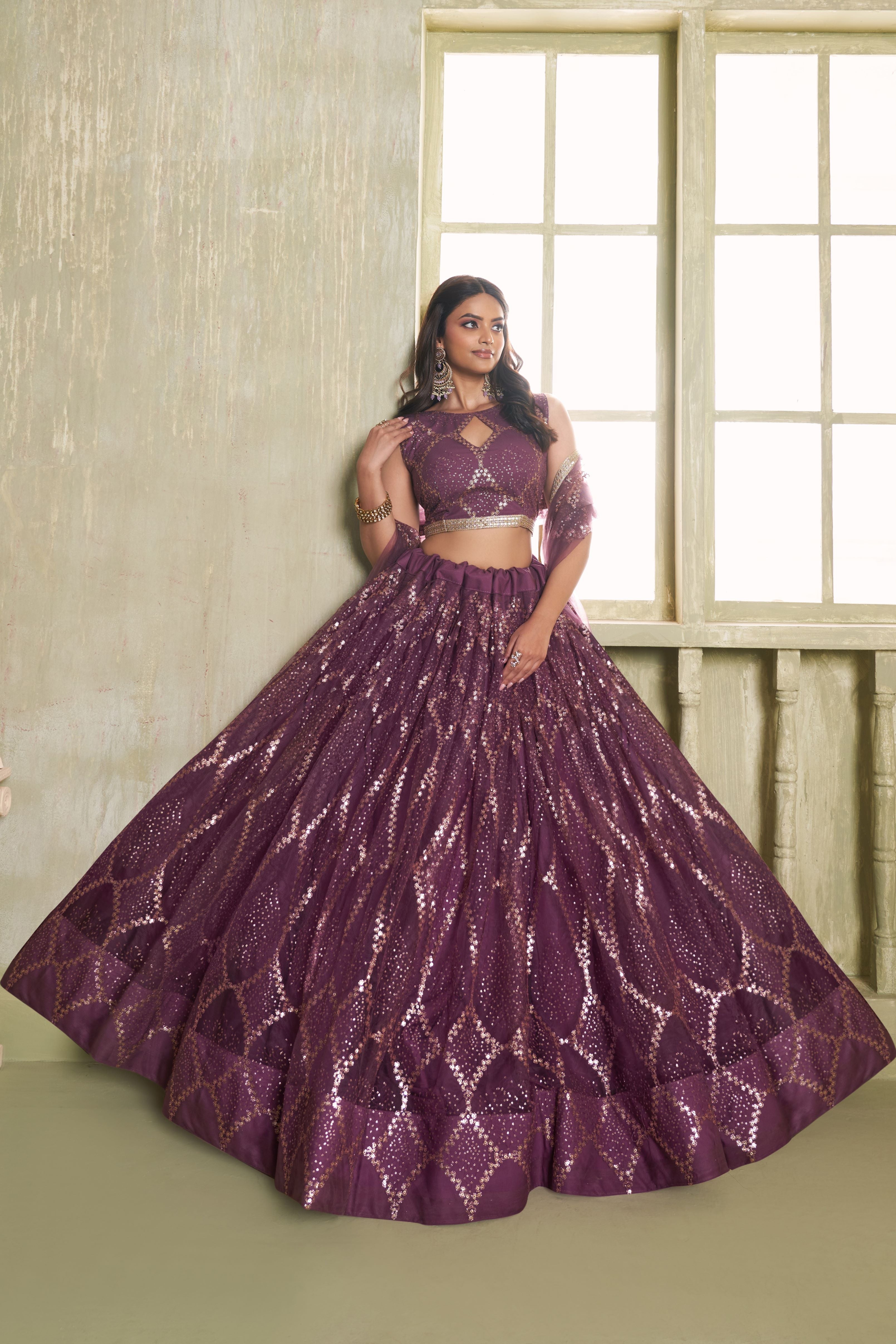 Plum Color Net Lehenga Choli For Indian & Pakistani Wedding Festival - Thread Embroidery Work, Sequence Embroidery Work