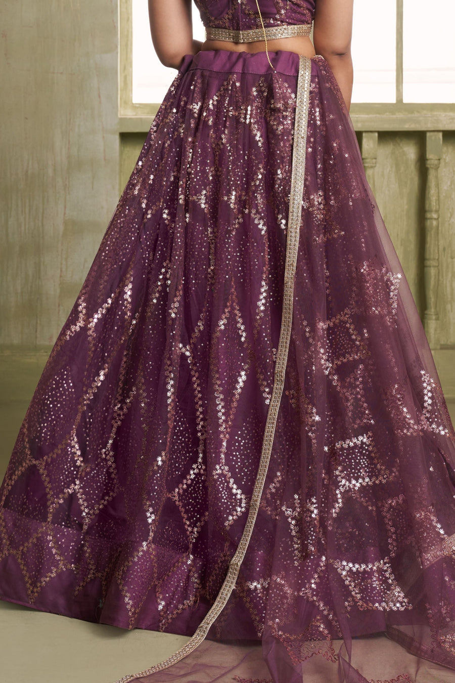 Plum Color Net Lehenga Choli For Indian & Pakistani Wedding Festival - Thread Embroidery Work, Sequence Embroidery Work