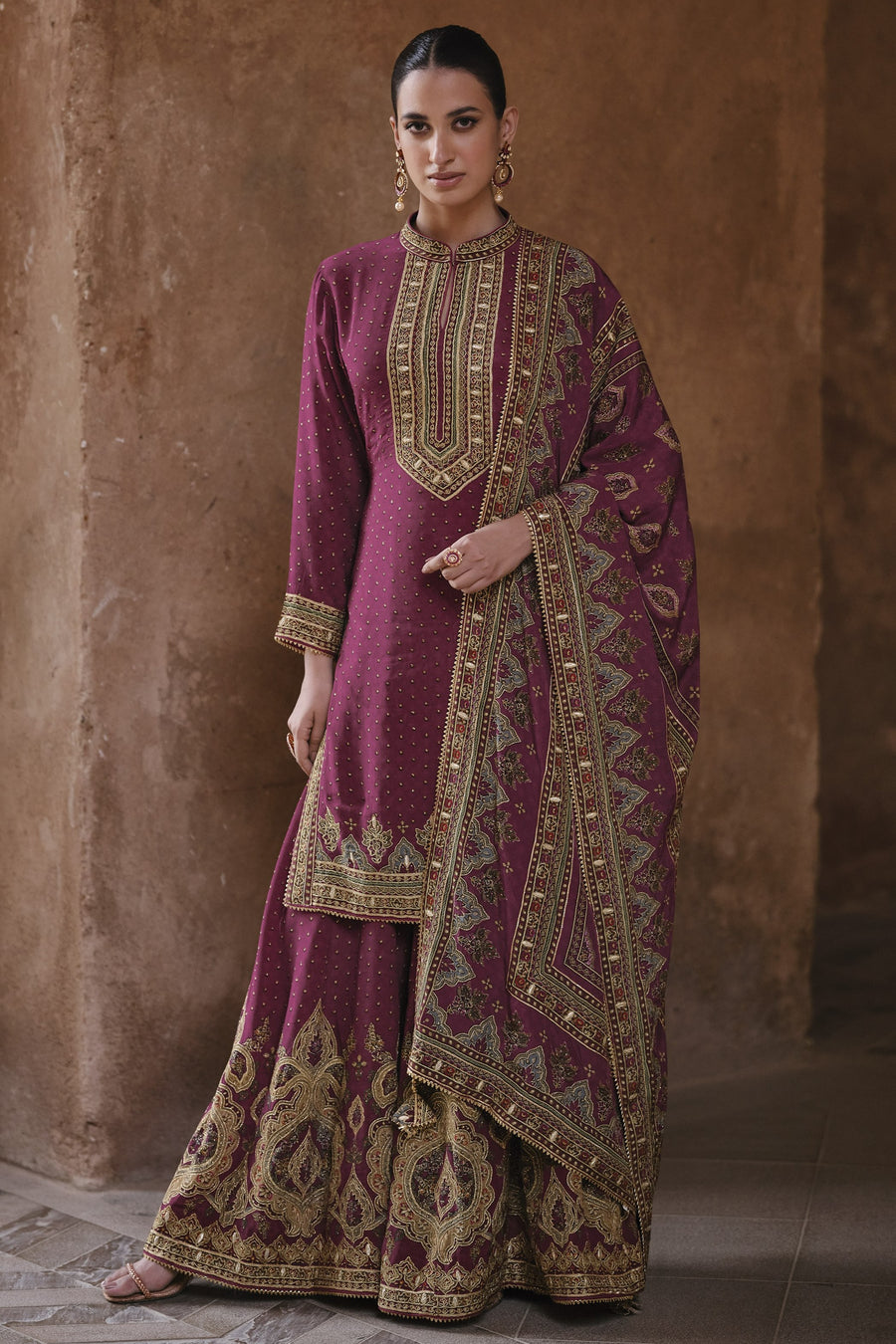 Plum Crepe Silk Sharara Kameez Suit for Pakistani & Indian Festival - Embroidery Work