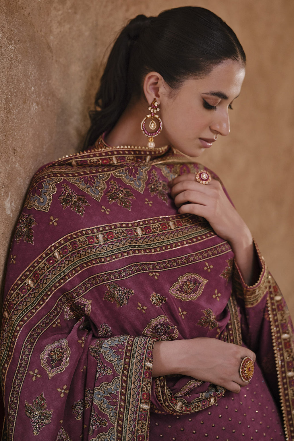 Plum Crepe Silk Sharara Kameez Suit for Pakistani & Indian Festival - Embroidery Work