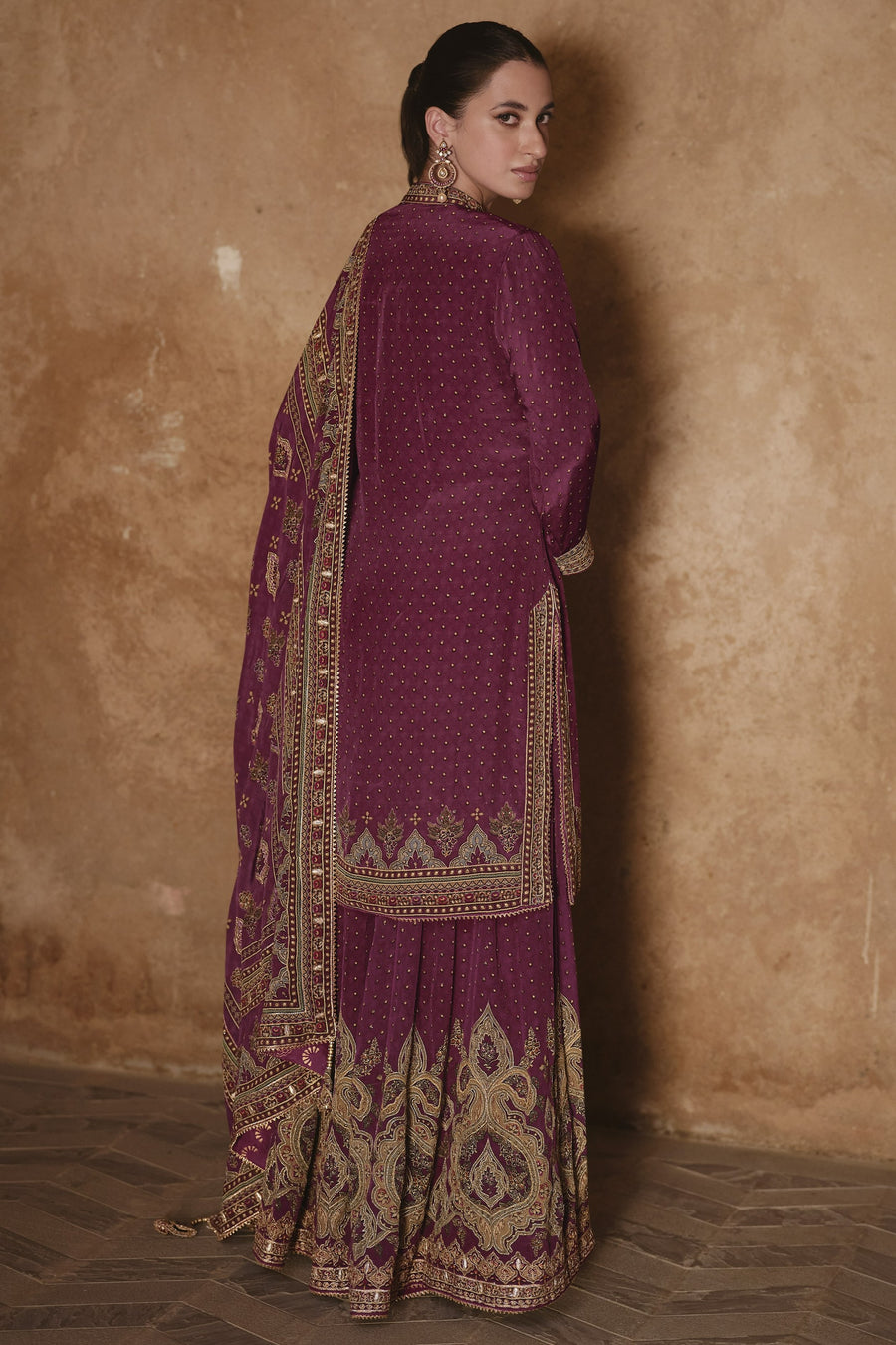 Plum Crepe Silk Sharara Kameez Suit for Pakistani & Indian Festival - Embroidery Work