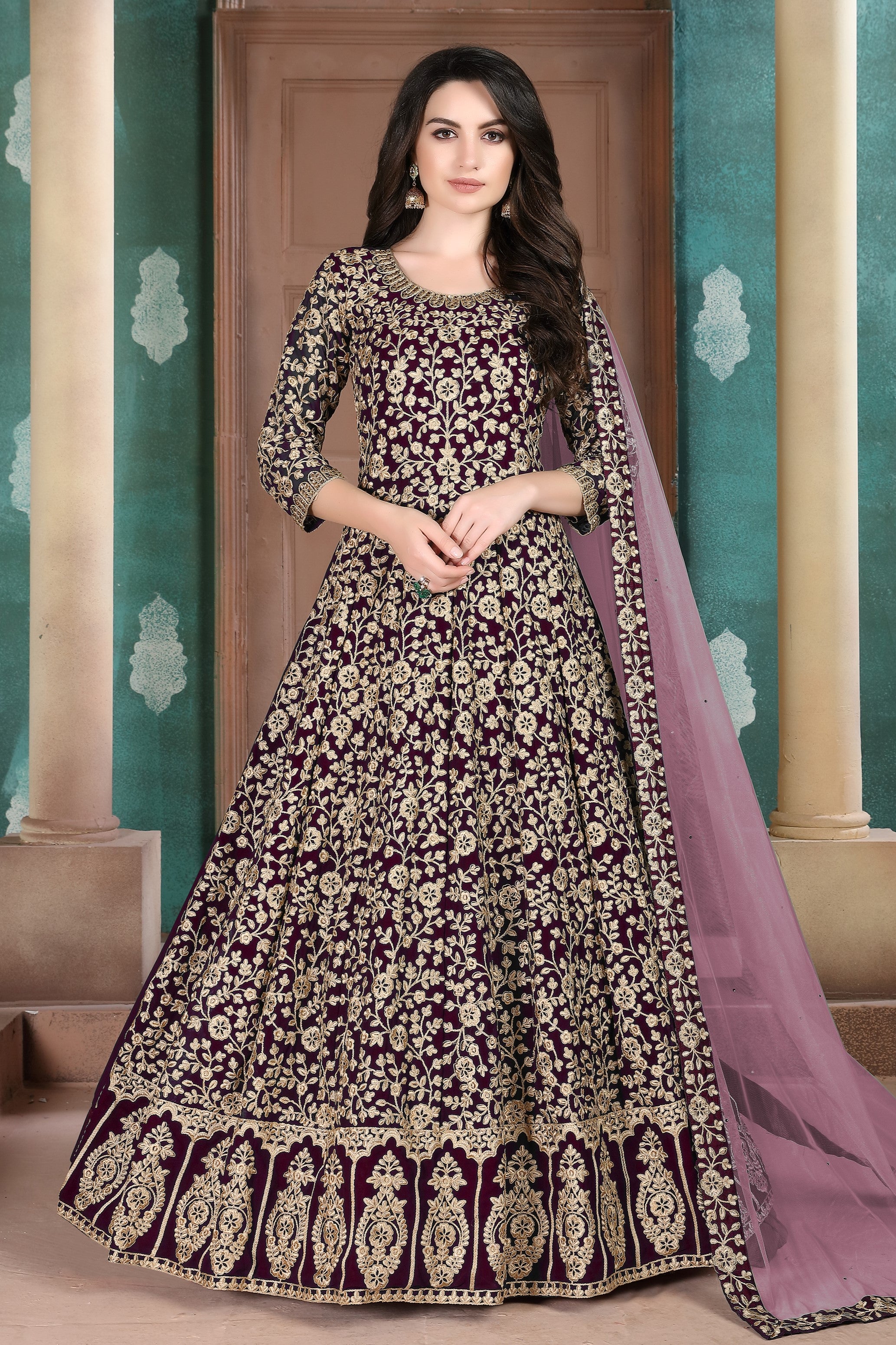 Plum Georgette Thread Work Anarkali Dresses for an Indian Wedding Guest