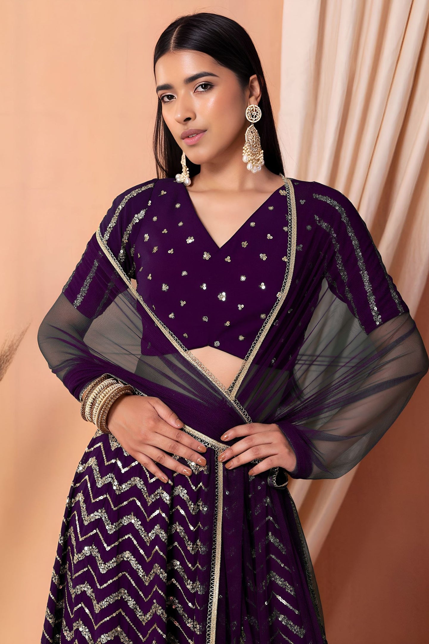 Plum Georgette V Neck Lehenga Choli with Zari and Sequins Work