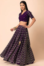 Plum Georgette V Neck Lehenga Choli with Zari and Sequins Work