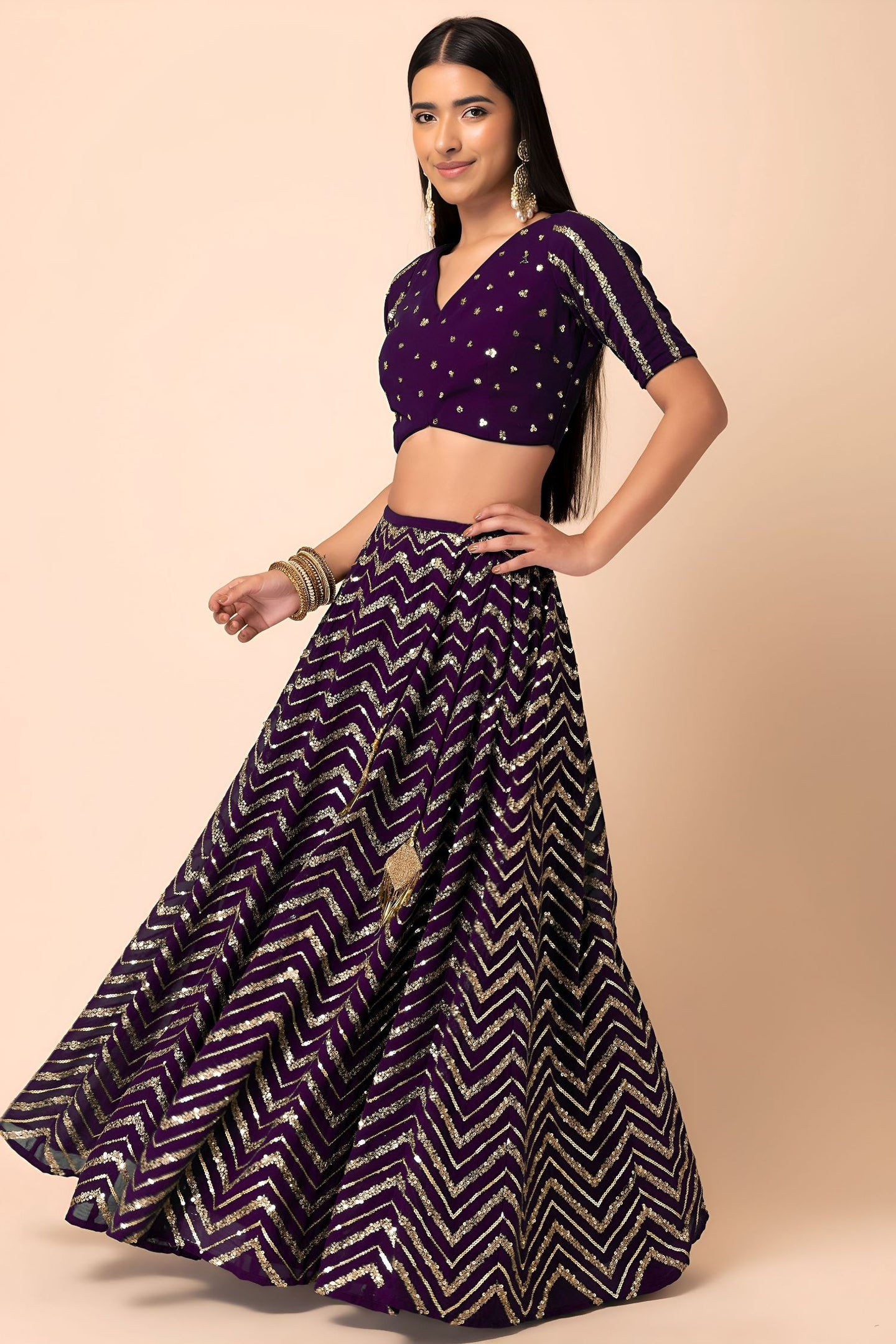 Plum Georgette V Neck Lehenga Choli with Zari and Sequins Work