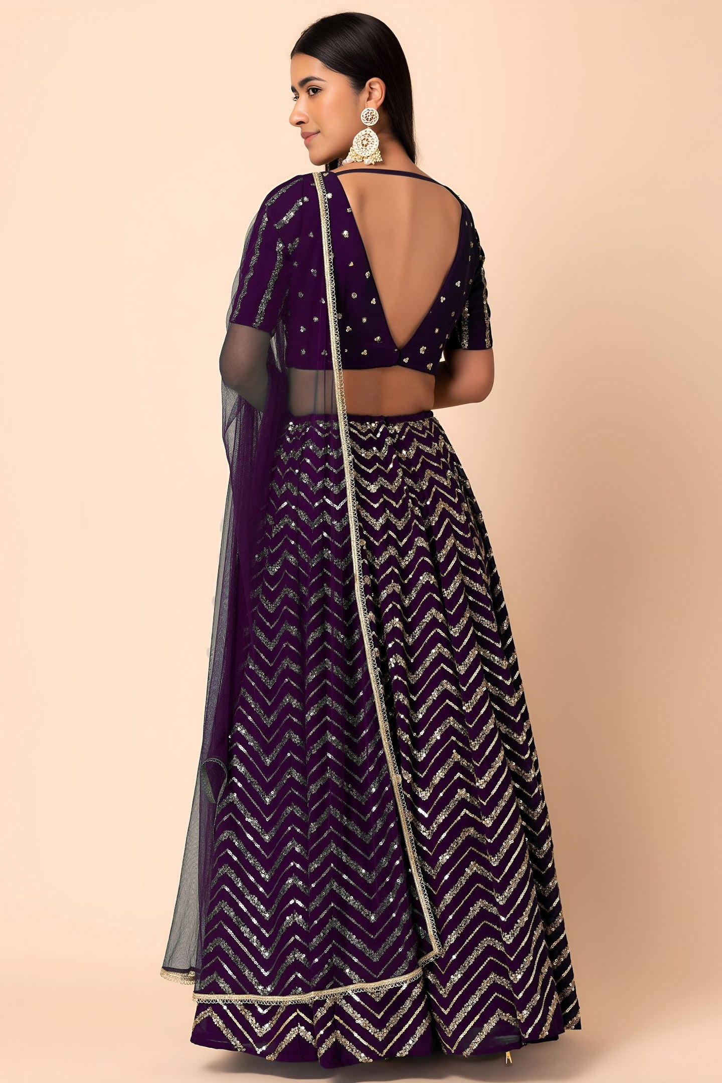 Plum Georgette V Neck Lehenga Choli with Zari and Sequins Work