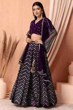 Plum Georgette V Neck Lehenga Choli with Zari and Sequins Work