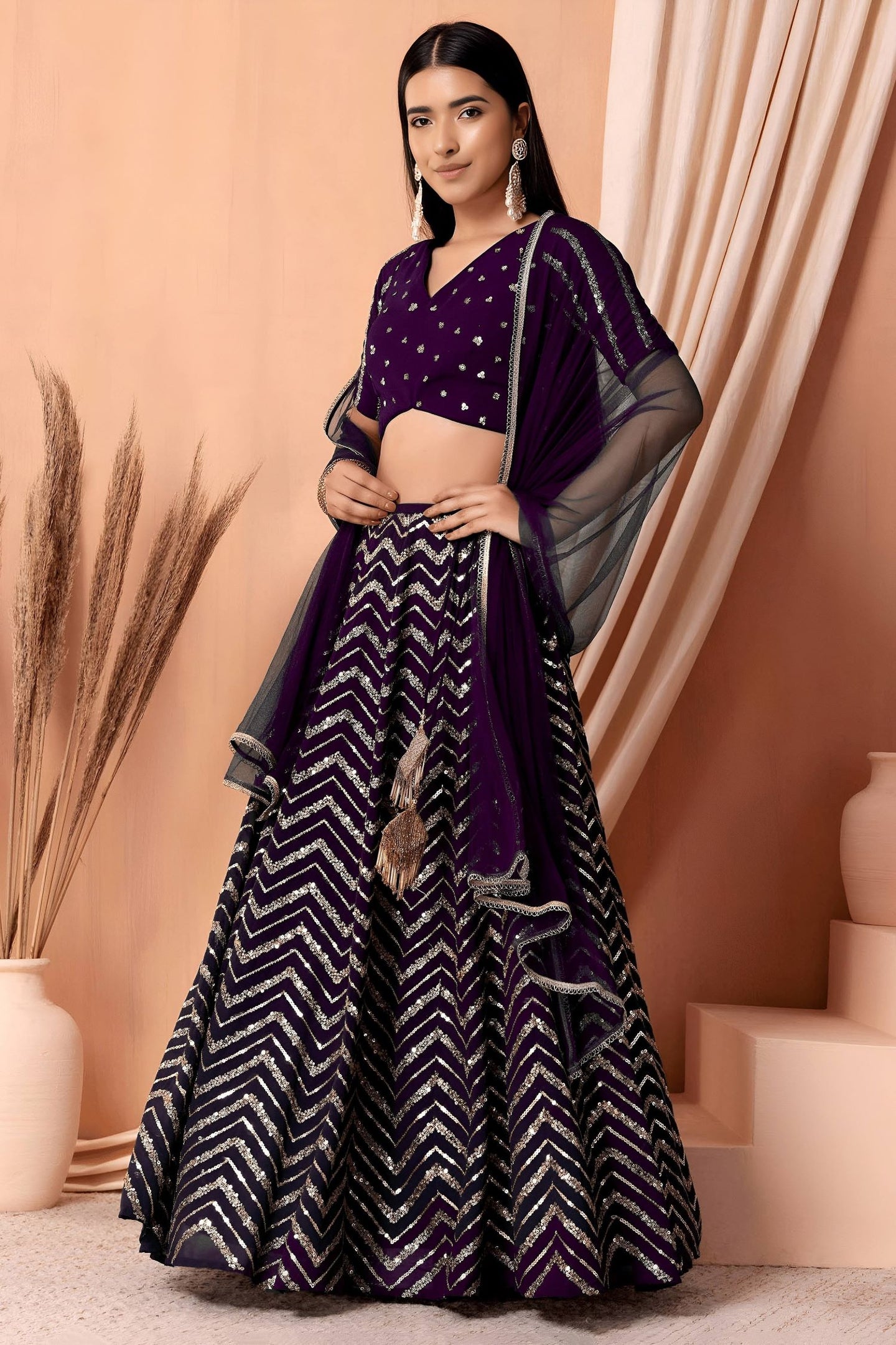 Plum Georgette V Neck Lehenga Choli with Zari and Sequins Work