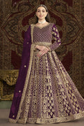 Plum Net Anarkali Suits for Wedding with Dori and Sequins Work