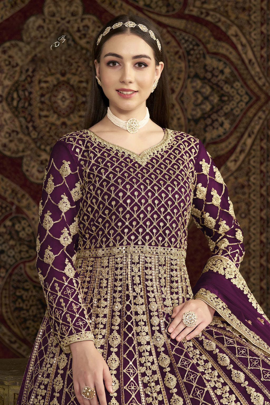 Plum Net Anarkali Suits for Wedding with Dori and Sequins Work