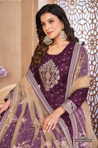 Plum Taffeta Silk Anarkali Suit for Ladies with Sequins Embroidery