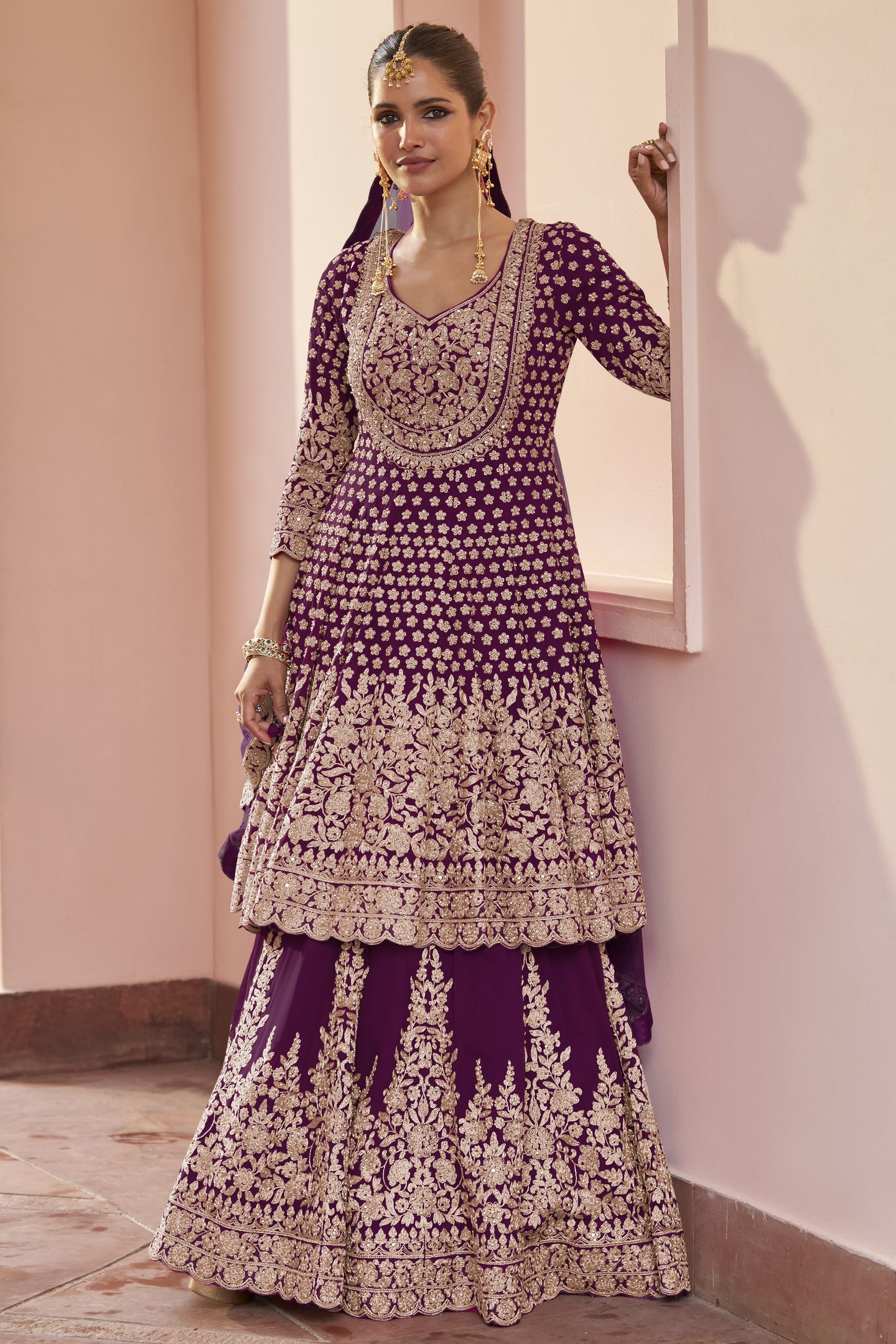 Pakistani Dress Plum Georgette Kameez with Skirt Dori Stone Work