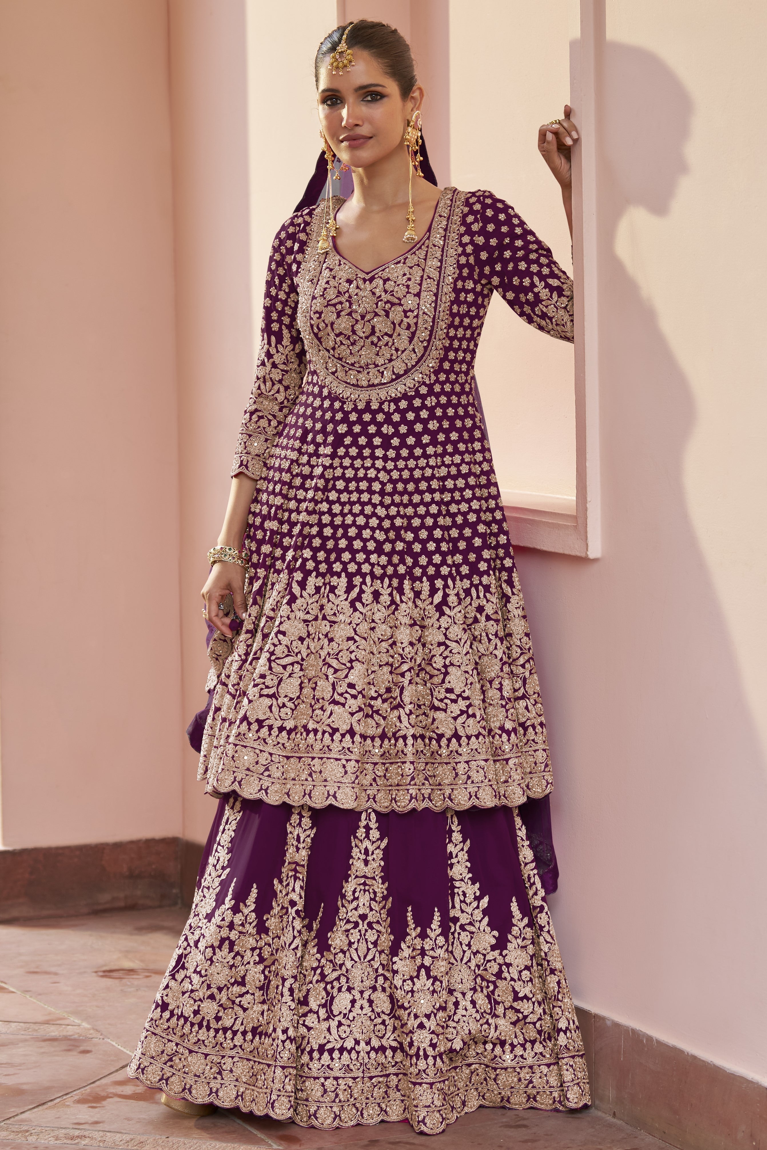 Pakistani Dress Plum Georgette Kameez with Skirt Dori Stone Work