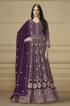 Plum Georgette Anarkali Dress with Thread and Sequins Embroidery Work