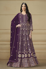 Plum Georgette Anarkali Dress with Thread and Sequins Embroidery Work