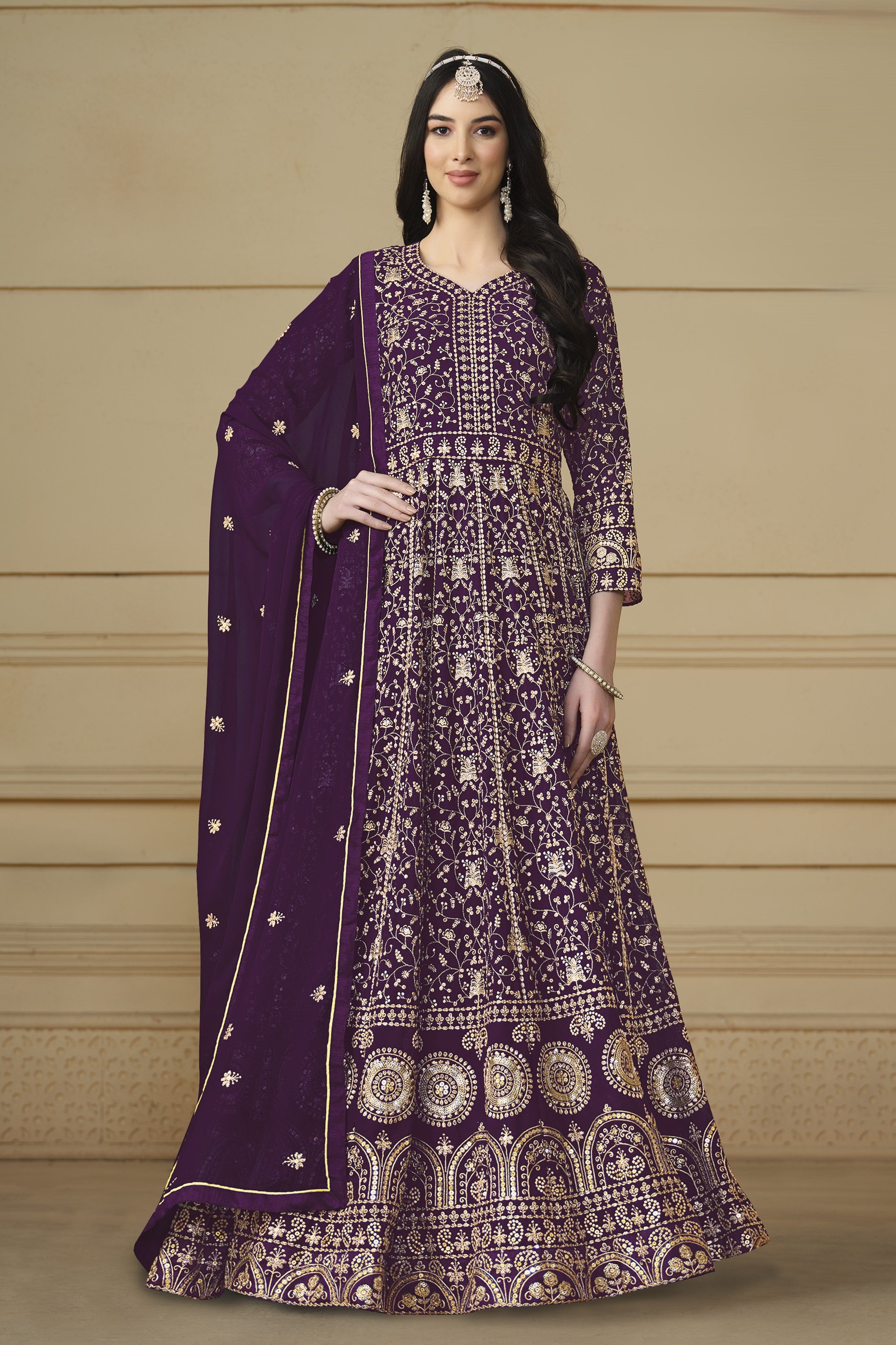 Plum Georgette Anarkali Dress with Thread and Sequins Embroidery Work