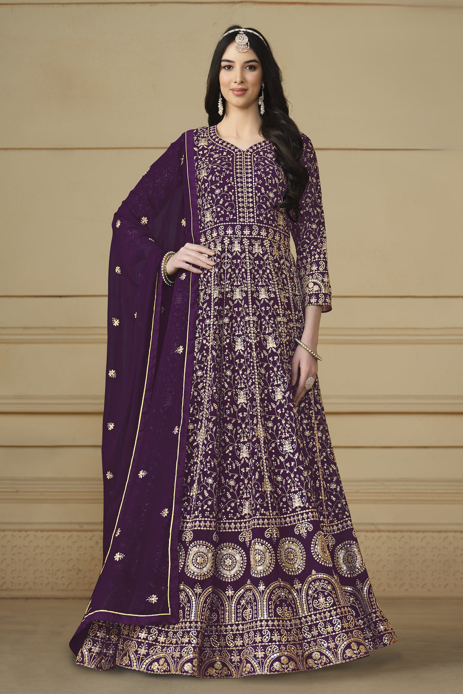 Plum Georgette Anarkali Dress with Thread and Sequins Embroidery Work