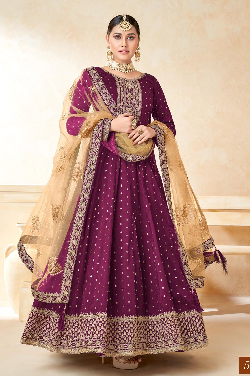 Plum Taffeta Silk Gown Dress for Ladies with Embroidery Work