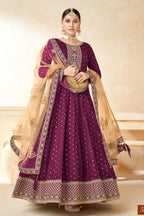 Plum Taffeta Silk Gown Dress for Ladies with Embroidery Work