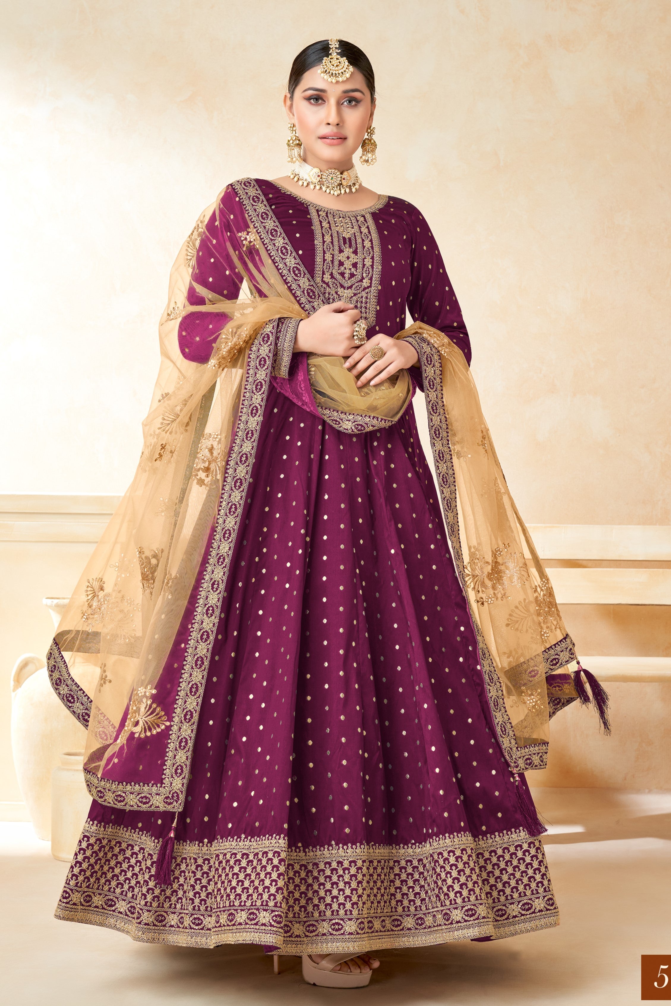 Plum Taffeta Silk Gown Dress for Ladies with Embroidery Work