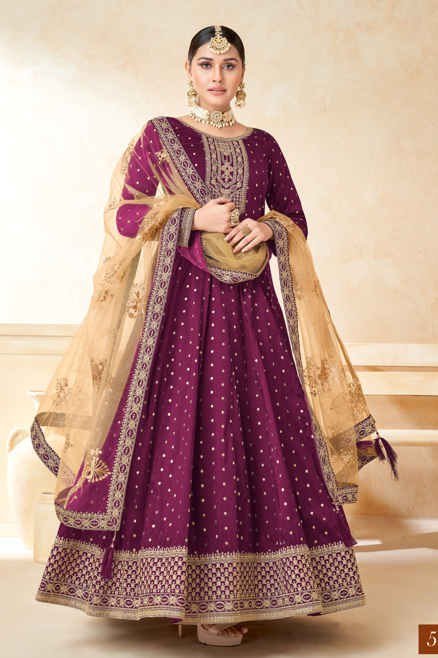 Plum Taffeta Silk Gown Dress for Ladies with Embroidery Work