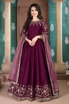 Plum Chinon Silk Anarkali Indian Party Wear Dresses with Thread Embroidery