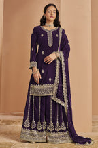 Plum Georgette Latest Plazo Design for Wedding with Thread and Sequins Embroidery