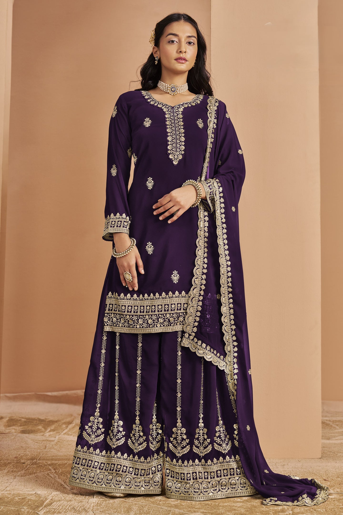 Plum Georgette Latest Plazo Design for Wedding with Thread and Sequins Embroidery