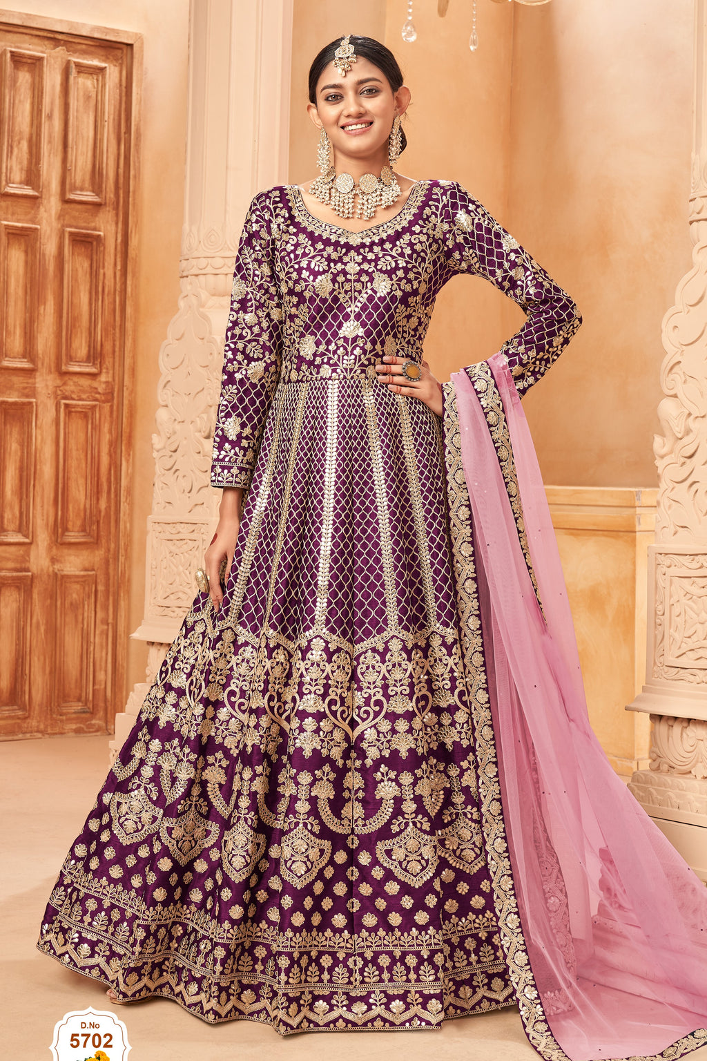 Plum Art Silk Anarkali Pakistani Dresses Traditional with Thread Embroidery Work
