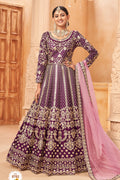 Plum Art Silk Anarkali Pakistani Dresses Traditional with Thread Embroidery Work